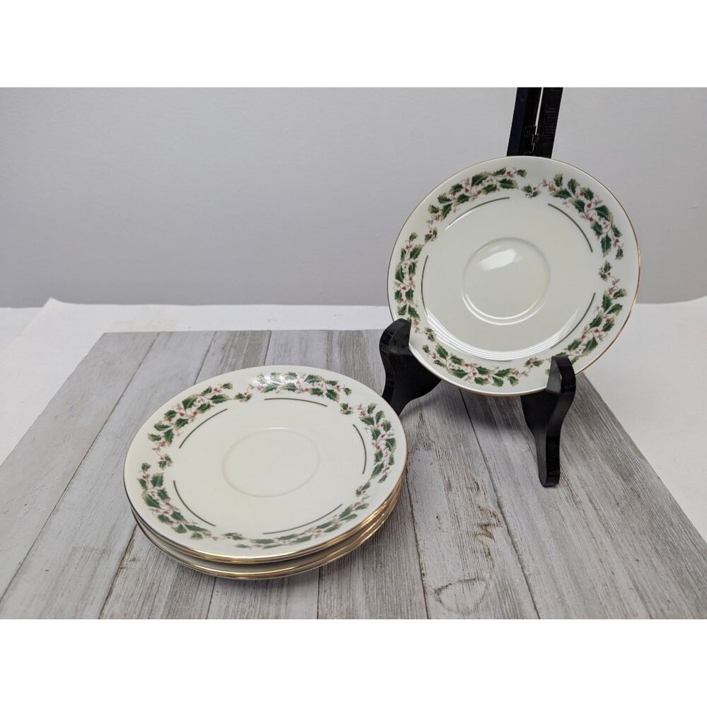 Porcelain Saucer Plates Set 5 "A Season Of Wonder" Christmas Holly Design